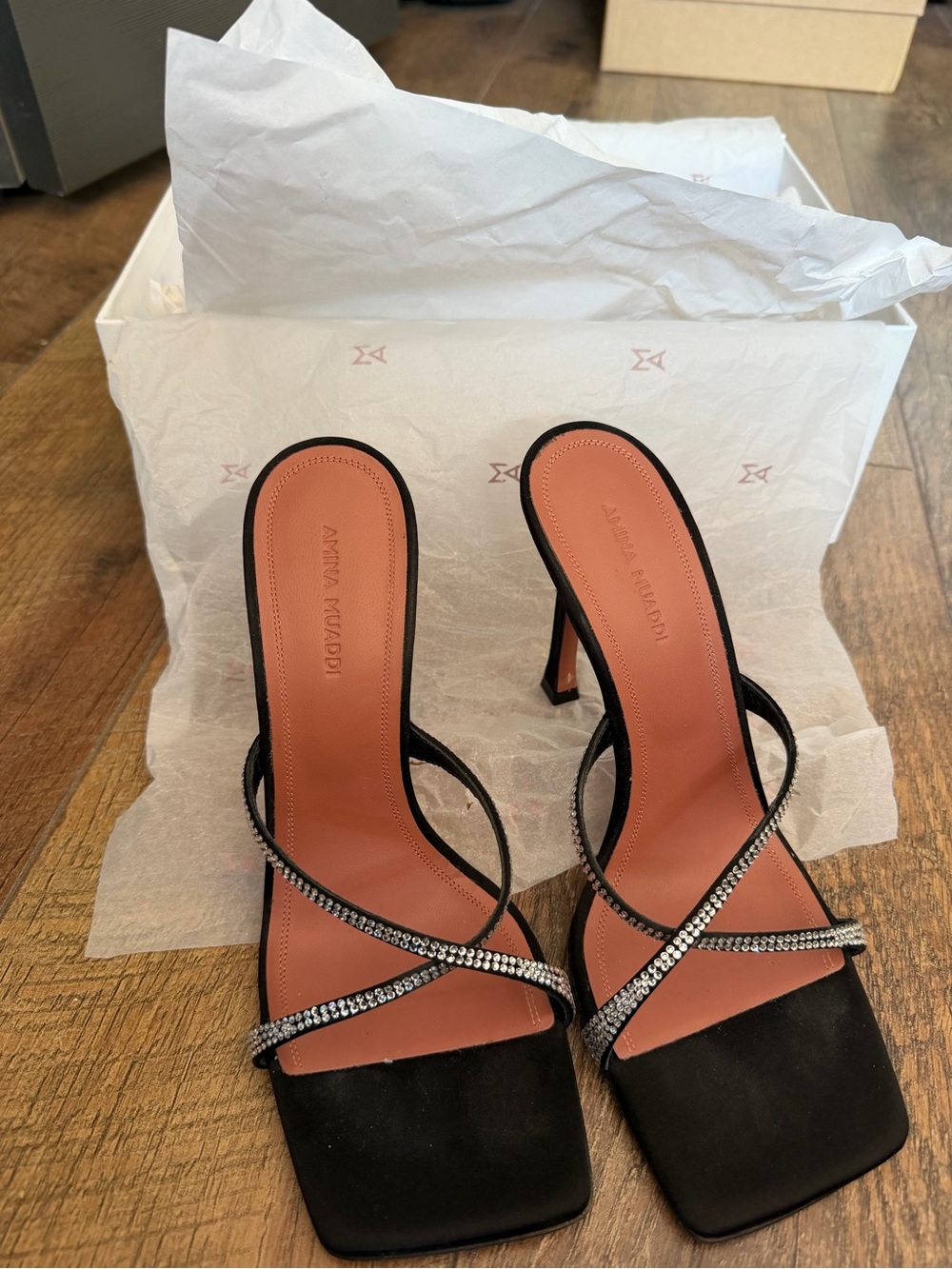 Amina Muaddi Black Crystal-Strap Square-Toe Heels